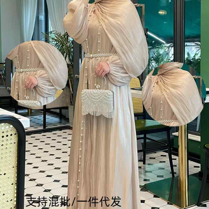 レディース パフスリーブ ビーズ カーディガン ノースリーブ ワンピース 光沢 シフォン ロングドレス 2点セット エレガント フェミニン 軽量 透け感 ドレッシー