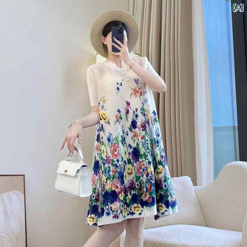 ワンピース レディース 夏 プリーツ 中長丈 上品 デザイン 若々しい シルエット ゆったり 大きめ サイズ ママ ファッション 軽量 素材 吸湿速乾 機能 普段使い コーデ