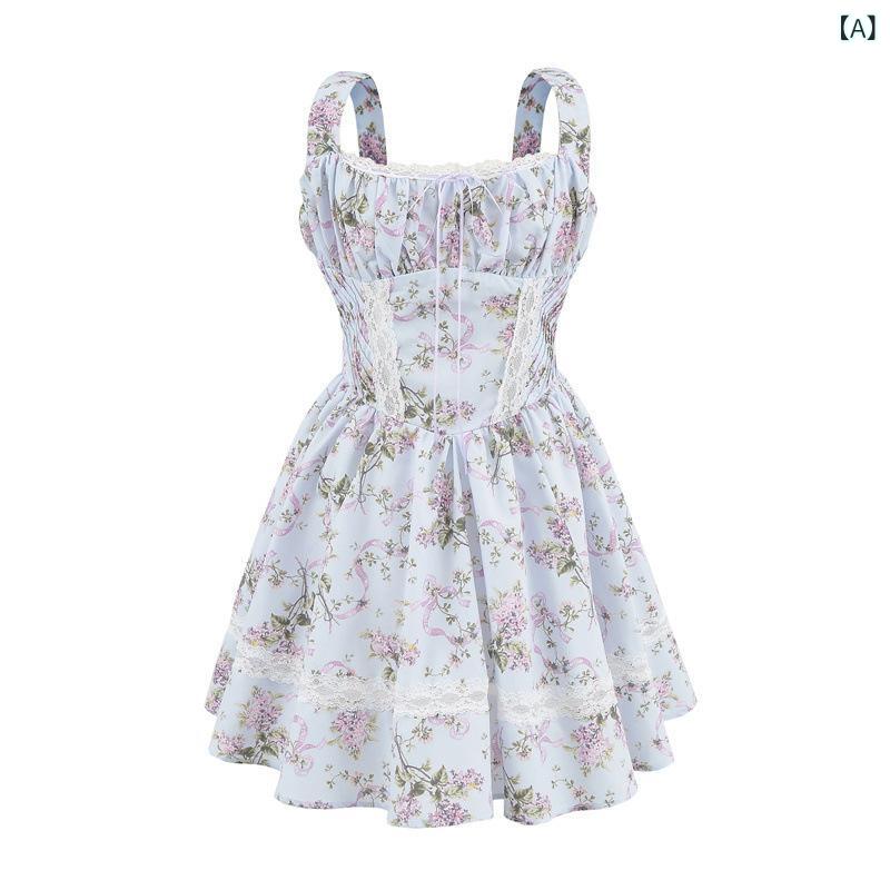 ワンピース レディース ミニ丈 レース 切り替え 花柄 プリント スクエアネック バック開き レトロ フレンチスタイル かわいい ドレス 女性らしい 軽やか シルエット