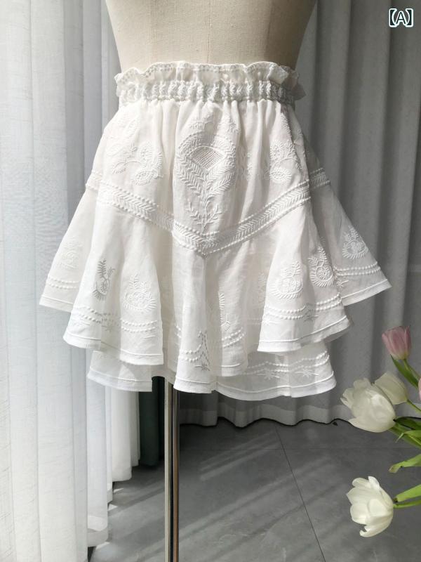 レディース スカートパンツ フレンチスタイル 刺繍 透かし柄 伸縮ウエスト リネン素材 ロマンティック 軽量 通勤用 普段使い 吸湿速乾 ハイウエスト カジュアル|LAONsChoice