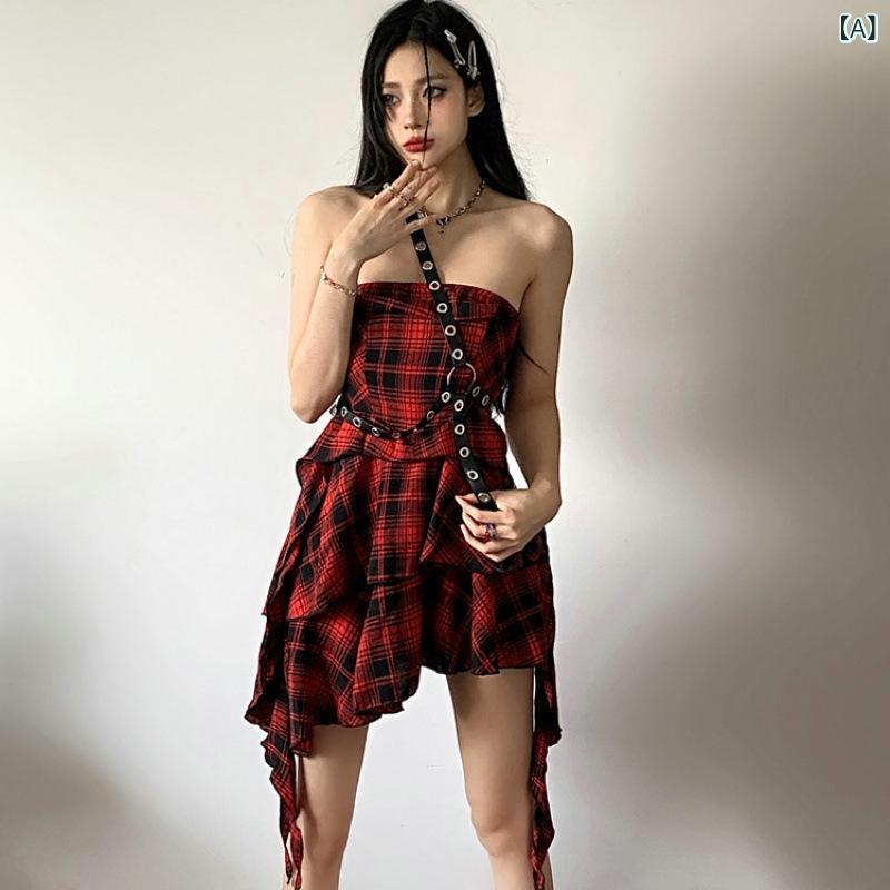 レディース ワンピース ダークゴシック 赤チェック セクシー スタイル レザー 紐 ストラップレス アシンメトリー チューブトップ ドレス サブカルチャー ホット ガール デザイン
