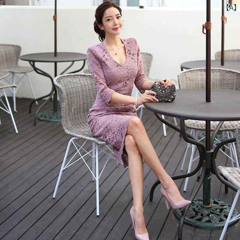 ワンピース レディース 中長丈 レース スリムフィット ヒップハグ スタンドカラー 上品 セレブ 韓国 ファッション タイトスカート ボディコン 女性用 伸縮性 軽量 普段使い