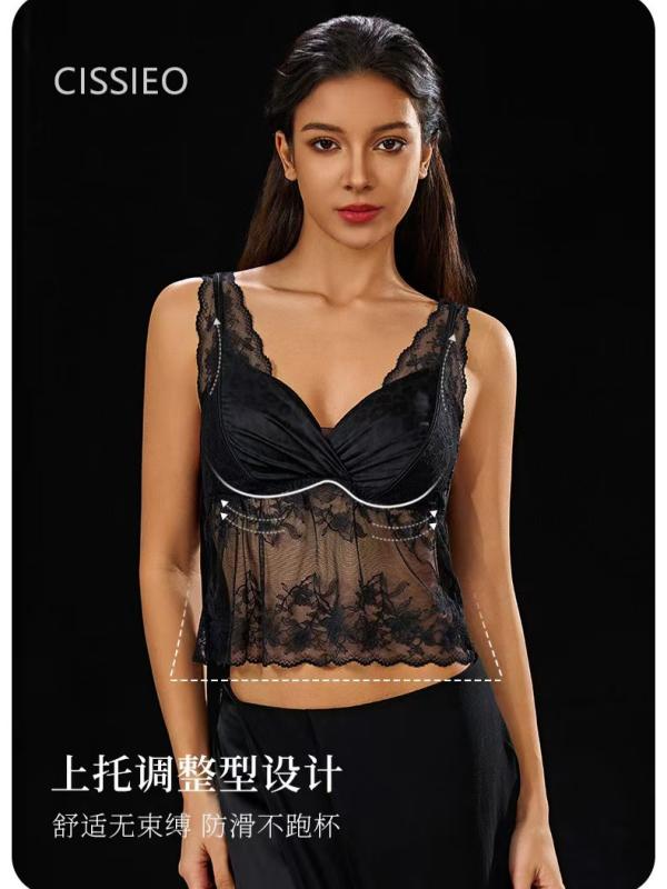 レディース キャミソール Vネック レース 透け感 セクシー インナー 胸パッド スリム 美背 トップス 軽量 伸縮性 普段使い