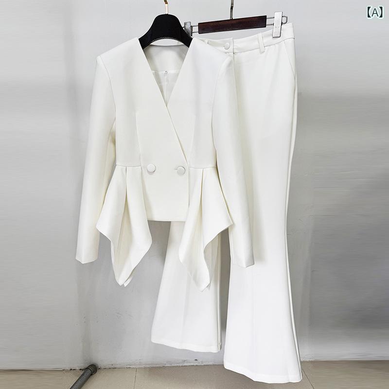 レディース ジャケット セット フレアヘム スリムフィット 微フレア ロングパンツ カジュアル トップス ワイドレッグ 女性用 2点セット 軽量 伸縮性