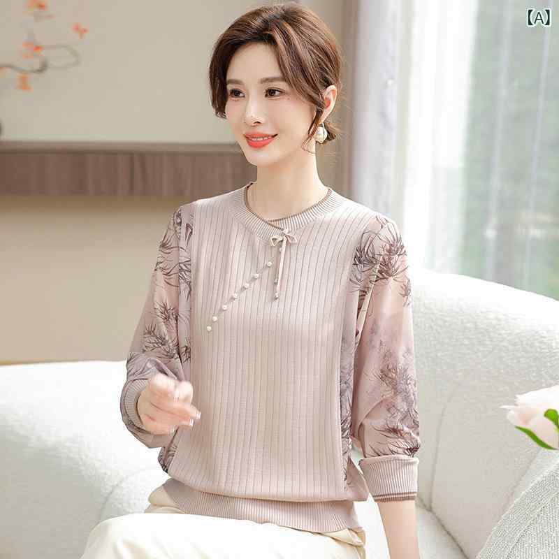 トップス レディース 中高年 春秋 薄手 長袖 ニット Tシャツ 接触冷感 シフォン袖 インナー 吸湿速乾 軽量 伸縮性 普段使い コットン混 ブラック グレー ベージュ