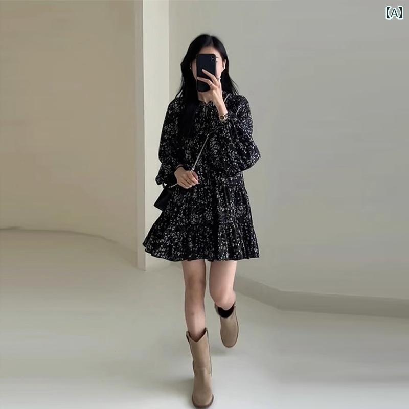 ワンピース レディース フレンチスタイル 黒 小花柄 短丈 春 かわいい エレガント 小柄対応 軽やか 花柄ドレス 通勤 普段使い