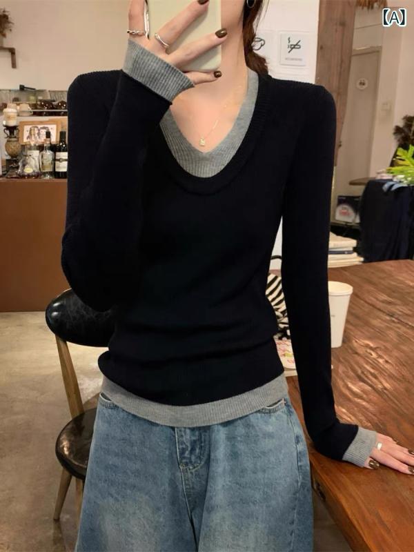 レディース ニット トップス Vネック フェイクツーピース コントラストカラー 長袖 インナー レイヤリング デザイン 春秋 伸縮性 軽量 普段使い