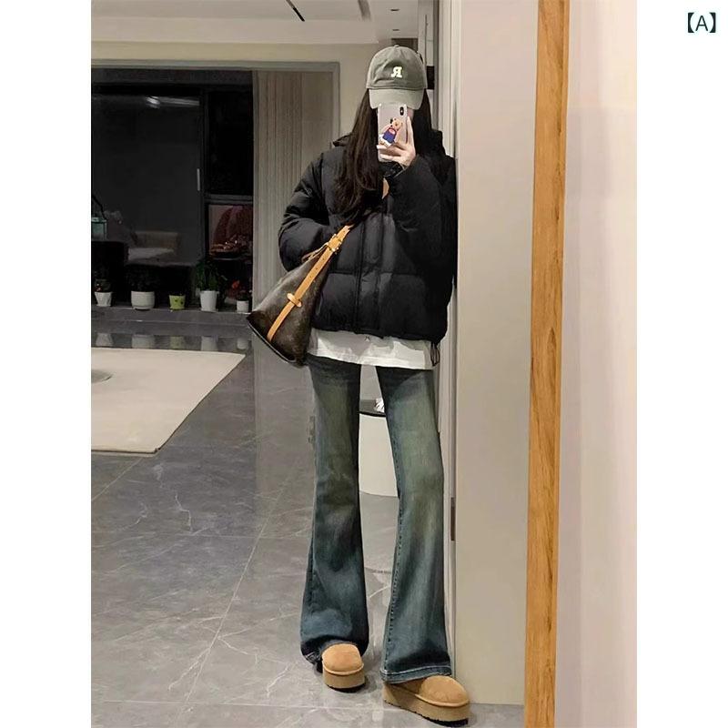 レディース 秋冬 デニムパンツ 厚手 裏地付き ハイウエスト ストレッチ スリム見え 微フレア ストレート 馬蹄裾 ビッグサイズ ぽっちゃり対応 ブルー レトロ ゆったり デニム素材 暖か 普段使い