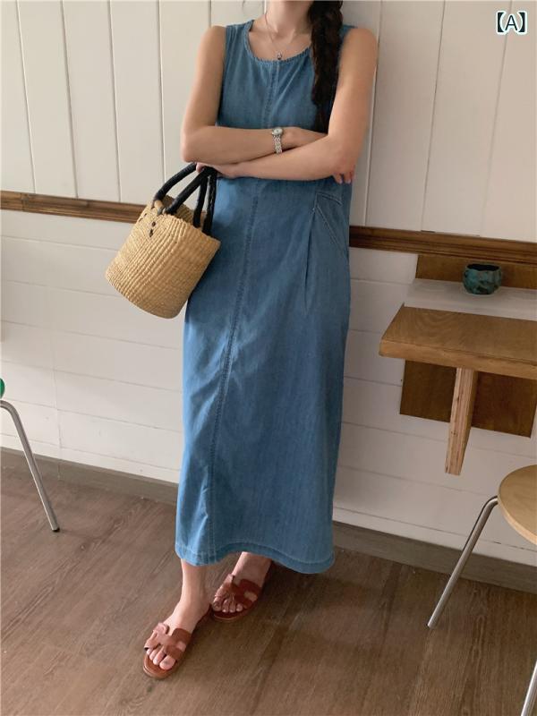 ワンピース レディース ノースリーブ デニム ゆったり 中長丈 ラウンドネック シンプル カジュアル 普段使い コーディネート 万能 トップス インナー スカート 合わせ ミドル丈 ルーズフィット コットン混 ストレッチ 軽量 通勤 デート 外出