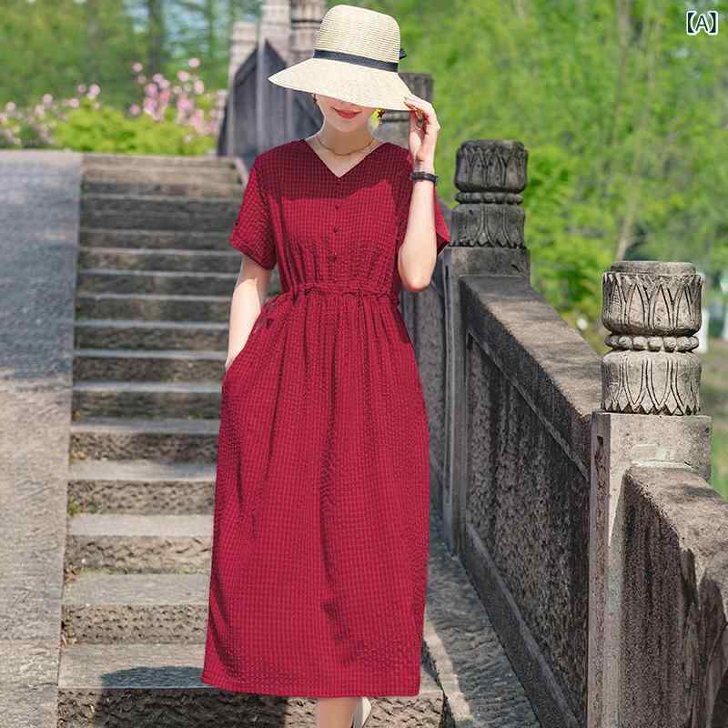 ワンピース 女性用 ママ向け 夏 半袖 中長丈 ゆったり 大きめサイズ スリム見え 綿絹素材 ビーチ フレア 軽量 吸湿速乾 ビッグシルエット カジュアル