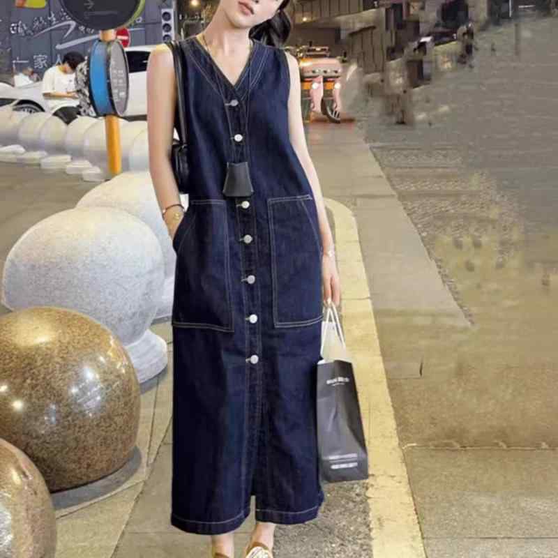 衣装 レディース ジーンズ ノースリーブ ゆったり ロング丈 夏用 分かりやすい 心地よい シングル名取り草 日常使い走り 軽さ 伸縮性