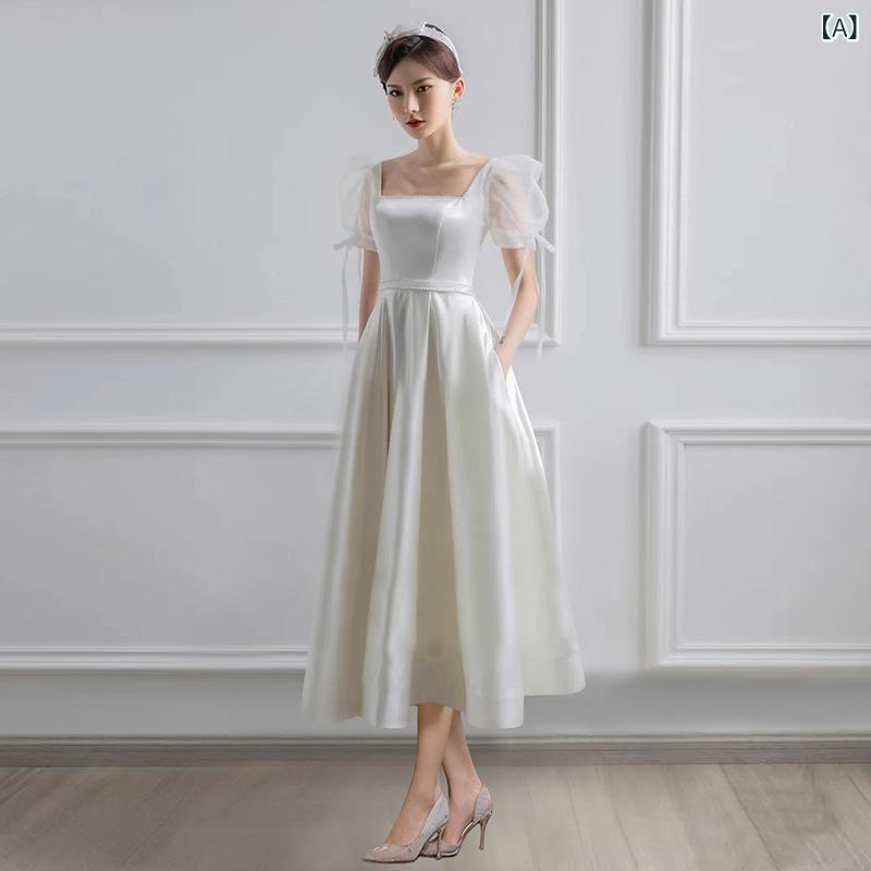 レディース 白 サテン ウェディング ワンピース 軽量 エレガント 結婚登録用 日常使い シンプル デザイン ホワイト ドレス 気質 洋装 小礼服