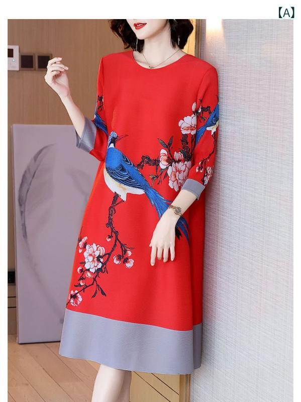 レディース ワンピース プリーツ 春夏 オリエンタル 花柄 ゆったり 大きめ シルエット スタイルアップ 高級感 軽量 伸縮性 通勤用 普段使い カジュアル