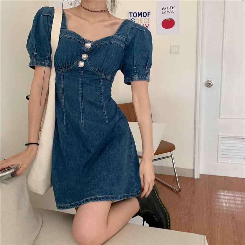 ワンピース レディース 夏用 デニム ハイウエスト スクエアネック フレンチ レトロ ミニ丈 かわいい 小柄対応 カジュアル 膝上丈 軽量 伸縮性 フェミニン ブルー系 普段使い