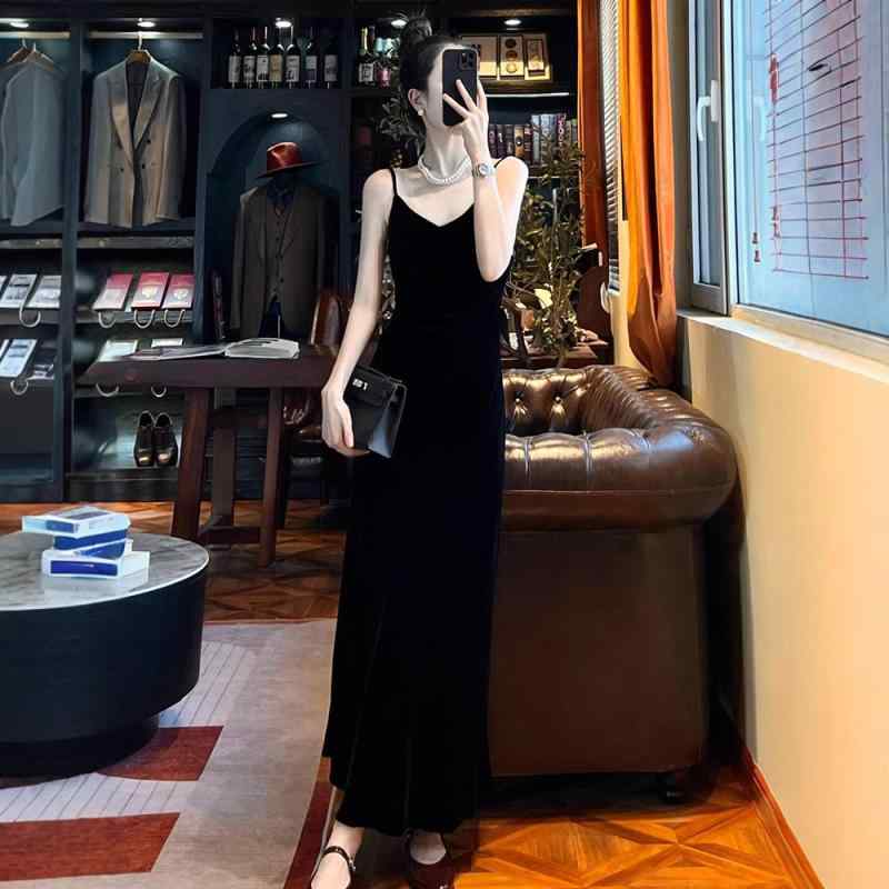 レディース 黒いこと 天鵞絨 レトロ キャミソール 衣裳 暮れ合い御召しもの 寄り合い用 生まれ落ちる日 寄り合い 御芽出度 フォーマル 御召しもの 肩紐  膝丈 今めかしい 表現スタイル