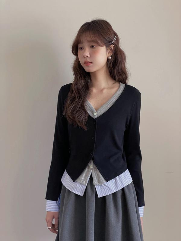カーディガン ニット 長袖 フェイク ツーピース 春 通勤用 女性用 軽量 伸縮性 柔らかい 韓国 トップス