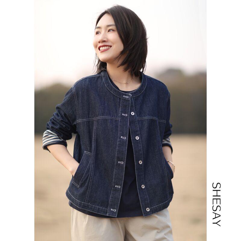 ジーンズ上衣 レディース 春夏 分かりやすい 今めかしい レトロ 丸首 ゆったり 心地よい アウター 綿織物 ジーンズ 普段使い走り 軽さ 伸縮性