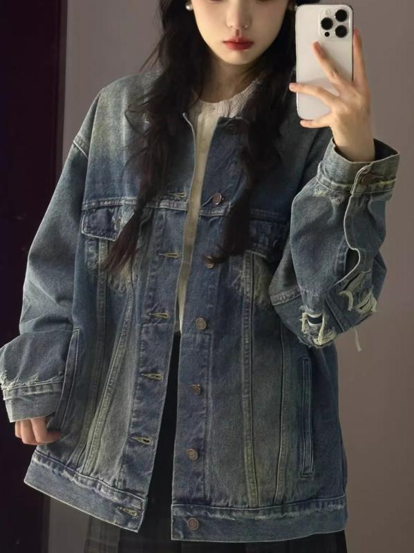 レディース 春 デニムジャケット ブルー 韓国 ゆったり ダメージ レトロ加工 水洗い スタンドカラー コート トップス 軽量 伸縮性 吸湿速乾 カジュアル 普段使い アウトドア