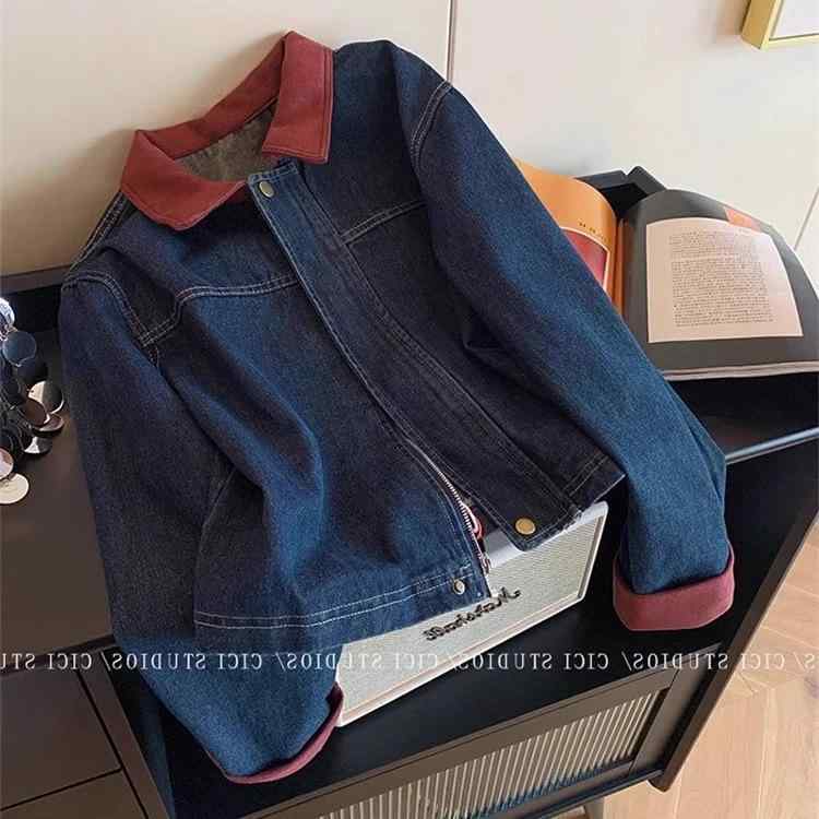 レディース デニム ショートジャケット 春 コントラストカラー ラペル レトロ スタイリッシュ 高級感 スリムシルエット カジュアル アウター コットン 混 軽量 伸縮性
