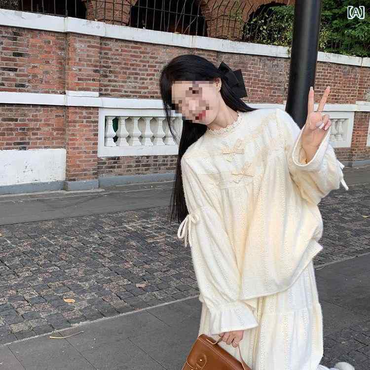 レディース 秋冬 レース 長袖 ブラウス ミディ スカート セット 蝶結び リボン フェミニン スタイル 甘め デザイン カジュアル 普段使い トップス ボトムス コーディネート