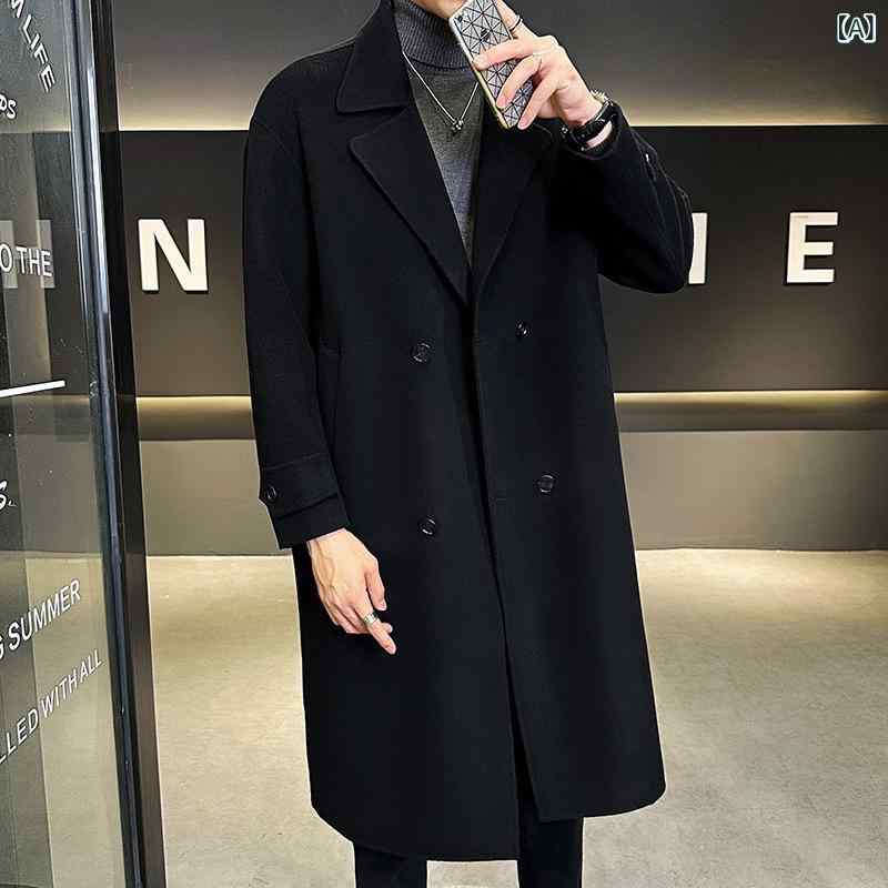 メンズ コート ダブルブレスト 秋冬 羊毛 ウール 無地 ビジネス カジュアル ロング丈 高級感 通勤用 アウター 暖か 軽量|LAONsChoice