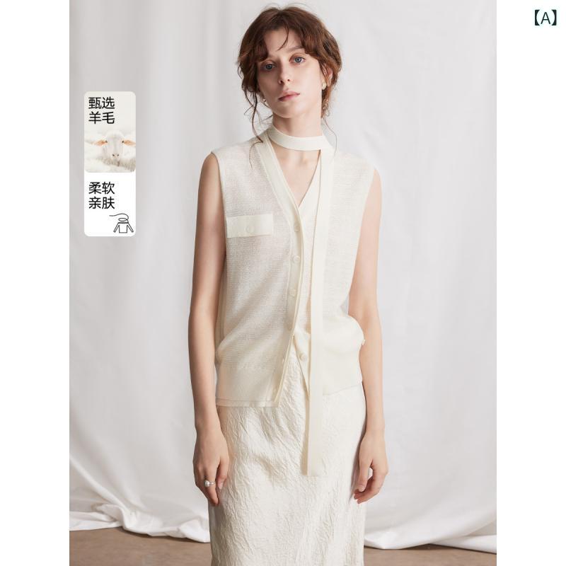 ジレー レディース Vのど首 ノースリーブ 薄っぺら 編み物 春夏 フレンチ表現スタイル 白系 軽さ 伸縮性 パステル色の原料品 普段使い