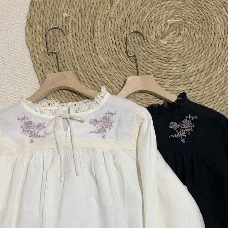 レディース 長袖 リネン 刺繍 ブラウス 甘美 レトロ レース領 紐 ゆったり トップス 綿混 軽量 普段使い かわいい |LAONsChoice