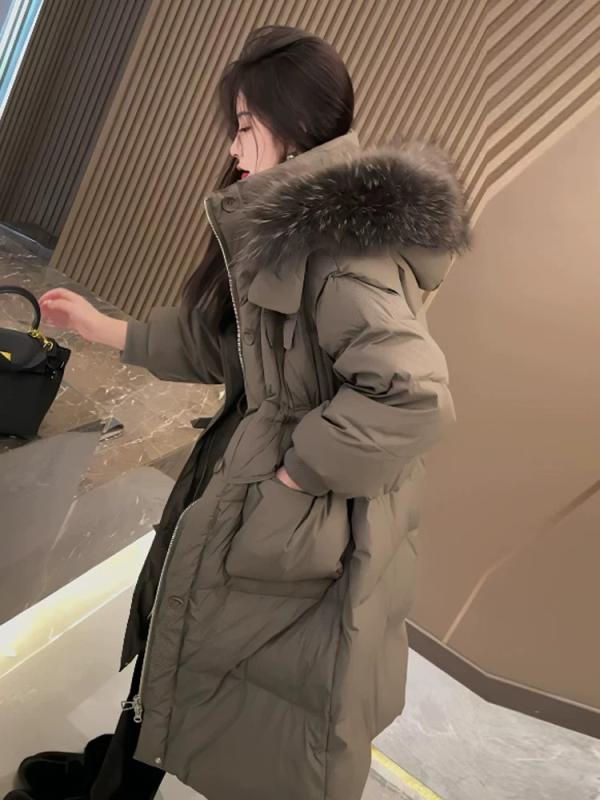 落ちこむ上衣 レディース ロング丈 ゆったり 白鴨落ちこむ ラッコ毛皮 大きめ毛皮襟 ボンネット付き添い人 生あたたかい 軽さ 今めかしい 秋冬