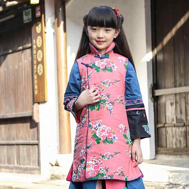 より良い キッズ 御姉さん 親子 お一揃い 秋冬 生あたたかい 大花柄 綿 ハイネック ロング丈 大襟 ラペル 中国 表現スタイル 防寒 日常使い走り 愛くるしげ 晴れ晴れしい 刷り上げる 保温性