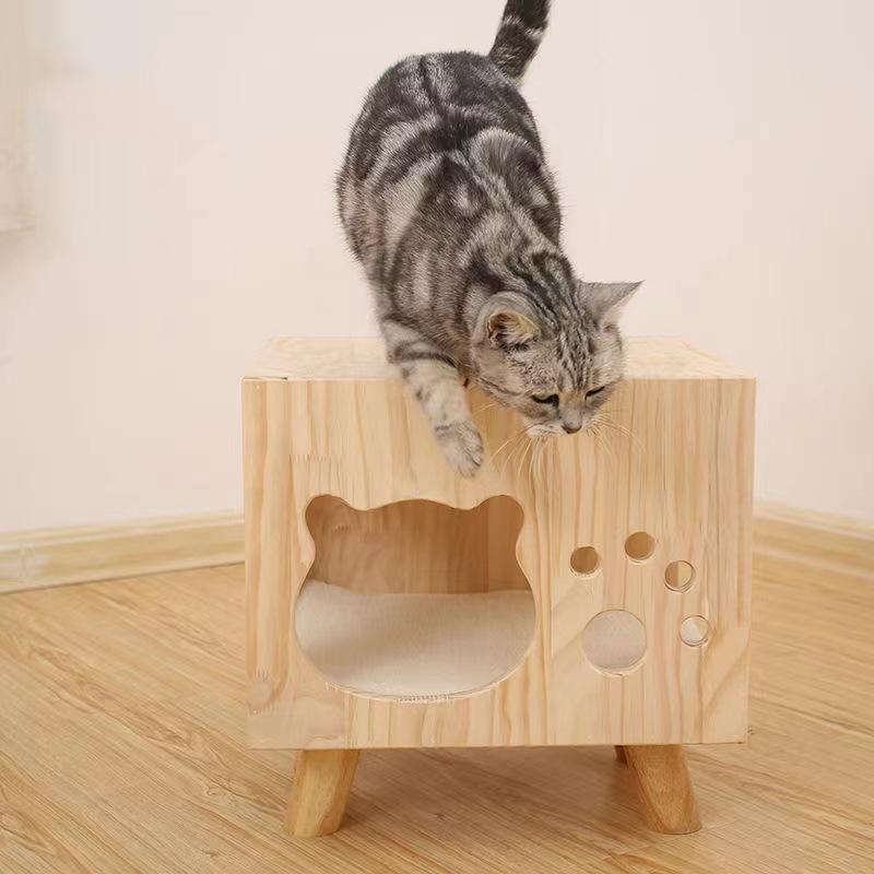 木製 猫ハウス 半密閉型 猫ベッド 猫スツール ペット玩具 一体型 室内用 プライバシー確保 遊び心 自然素材 耐久性 かわいい ゆったり スペース｜LAONsChoice