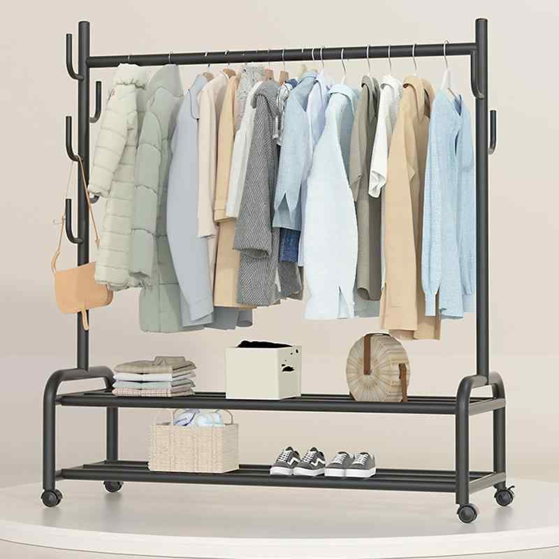 ハンガーラック 多機能収納 おしゃれ 洋服ラック 頑丈 防サビ 洋服掛け 衣類収納 キャスター付き スリム 耐荷重60KG 室内干し パイプハンガー 両側のフック付き 棚付き スチール製 (ブラック