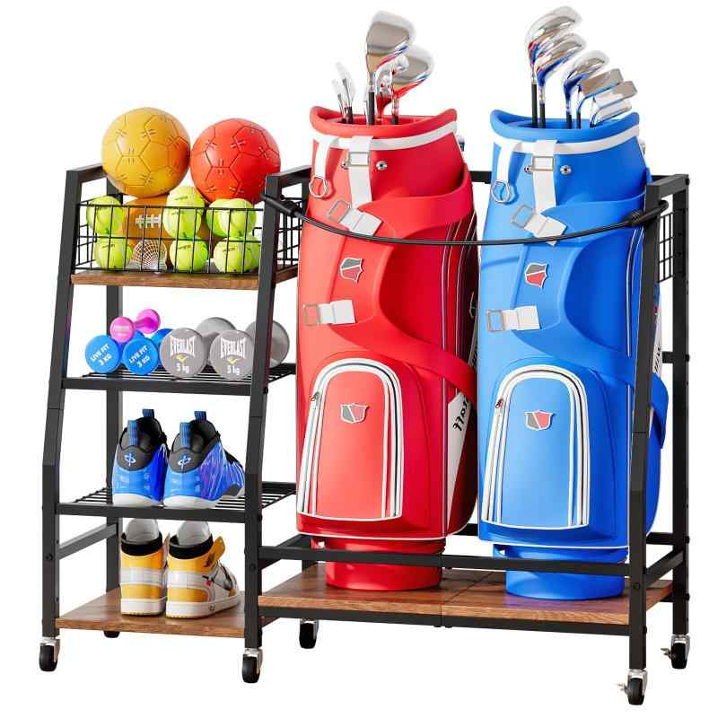 ゴルフバッグ収納ラック 2本用 キャスター付き 大容量 4段収納棚 耐荷重136kg 110×81.5×30cm ブラック