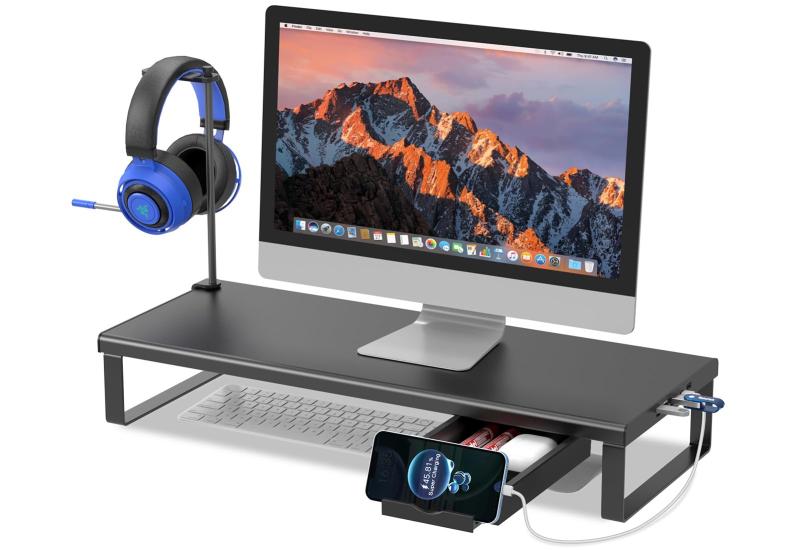 EAYHM モニター台 USB2.0/3.0データ転送付き 机上台 USB/TYPE-C充電付き ディスプレイ 台 引き出しとスマホホルダー付き パソコン 台 モニタースタンド ノートパソコン/プリンター/iMac/タブレット