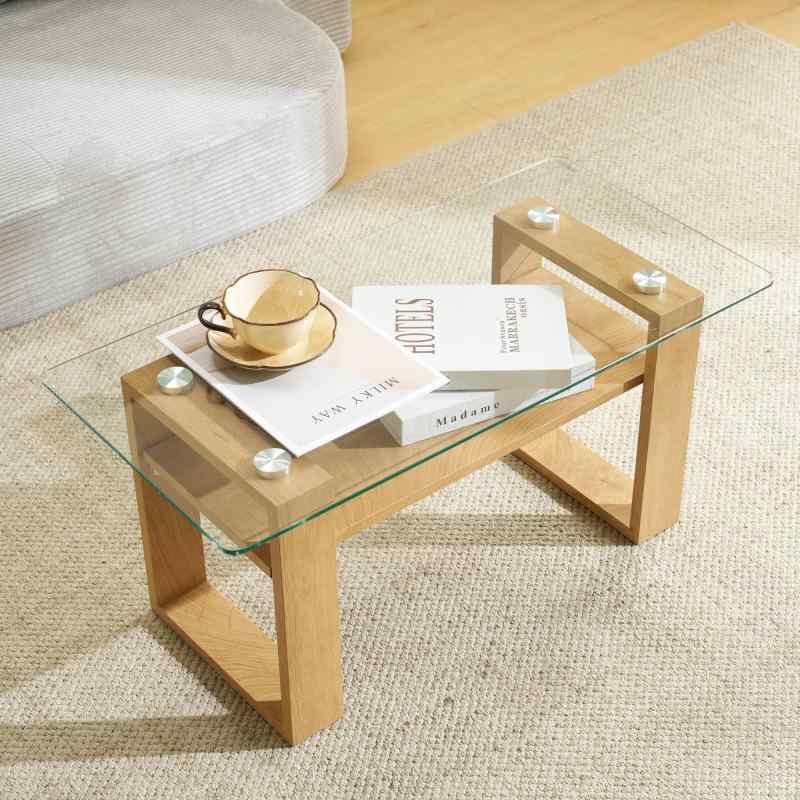 【ナチュラル】OSJ ガラステーブル ローテーブル コーヒーテーブル 幅80×奥40×高さ38.5cm 収納棚付き 口字型脚 強化ガラス天板 クリア おしゃれ コンパクト 組立て簡単
