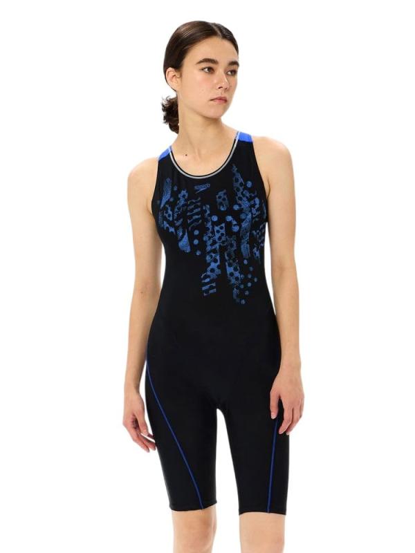 [す早さ] フィジカルフィットネス水泳着 Crash Dot Loosen Kneeskin クラッシュドットルースンニースキン レディース 黒いこと/青色 M