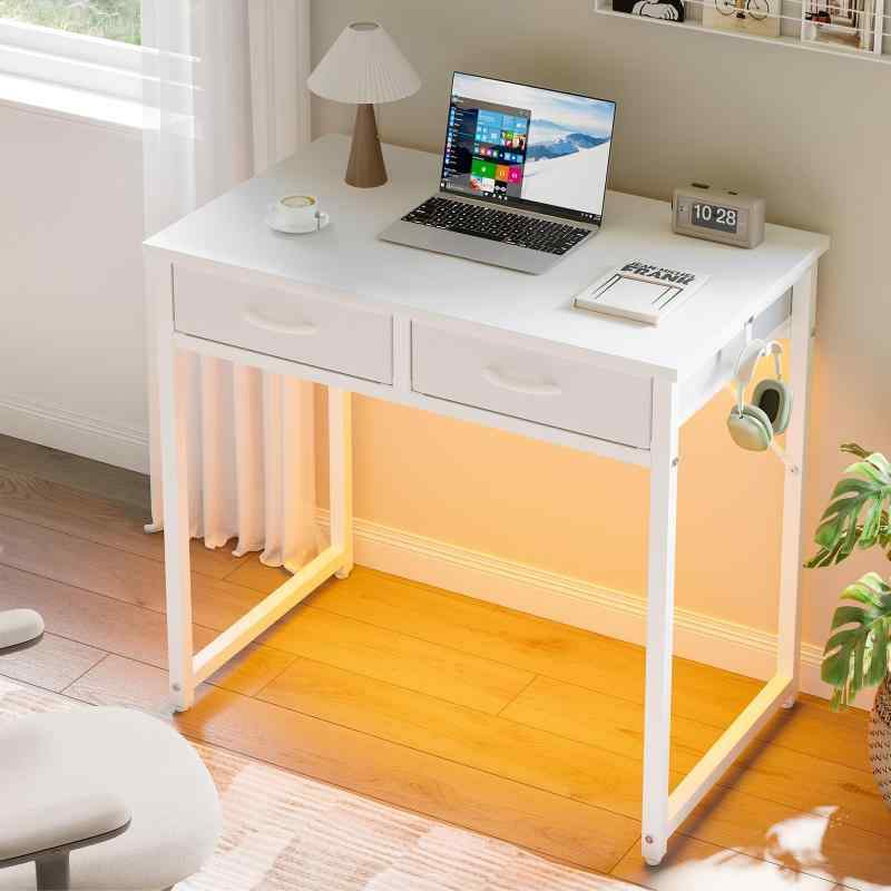 Pinmoco パソコンデスク 引き出し付き ゲーミングデスク LEDライト付き ワークデスク フック付き コンパクト 省スペース