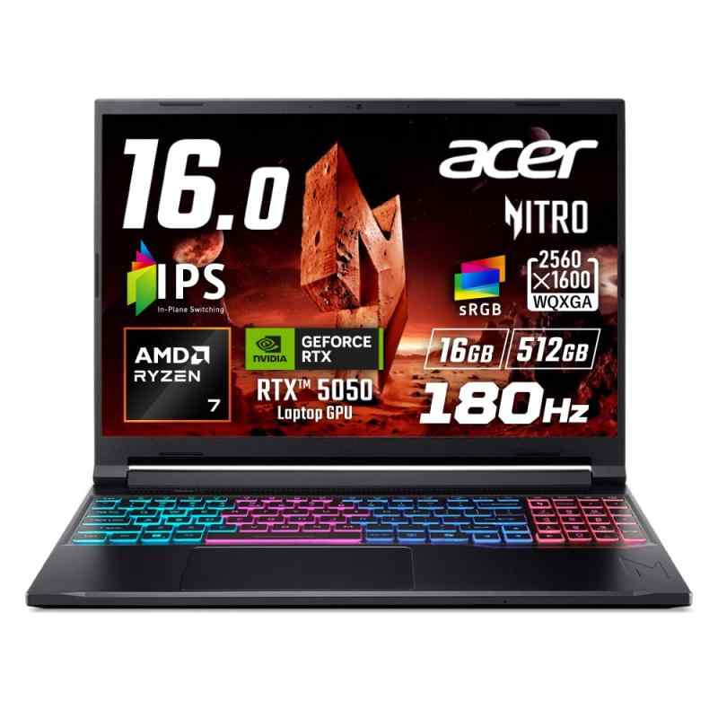 Acer Nitro V 16S 人工知能学 Ryzen 7 260 RTX 5050 16GB記憶装置 512GB SSD 16in WQXGA 16:10 IPS 非光輝 180サイクル 3ms sRGB 100% デュアル気違い クアッド吸排気 無線LAN