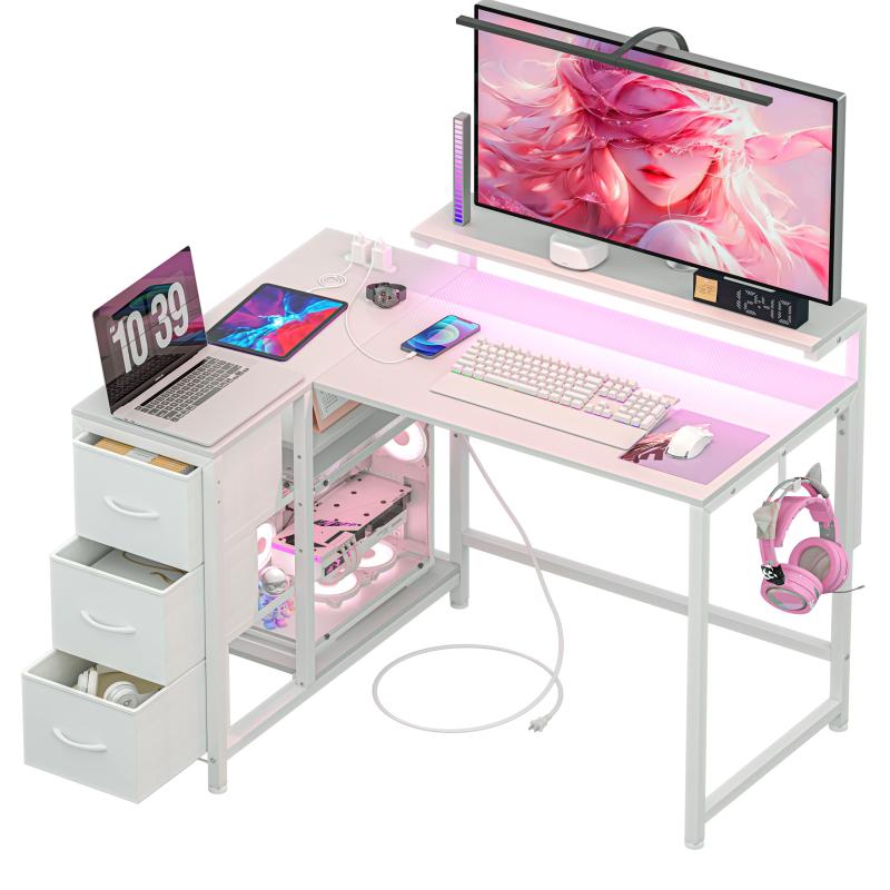 LunarLight PCパソコンデスク 幅108奥行80高さ71.8cm テレワーク L型デスク・左右組み換え自由 3段調節モニター台（10～33.5cm対応） 引き出しとコンセント付き 収納たっぷり ゲーミングデスク オフ｜LAPPISTORES
