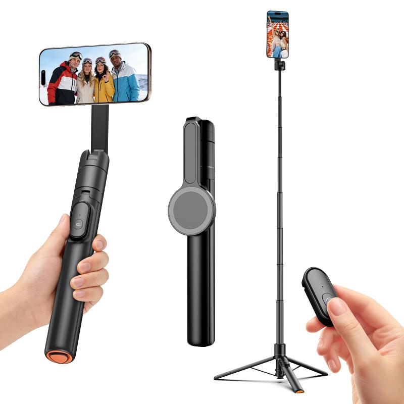 Moman 高さ33～167cm 自動展開マグネット式セルフィースティック三脚｜MagSafe対応 iPhone/Android用 アルミ製 200°回転 充電式リモコン付き ポータブル旅行用スマホ三脚