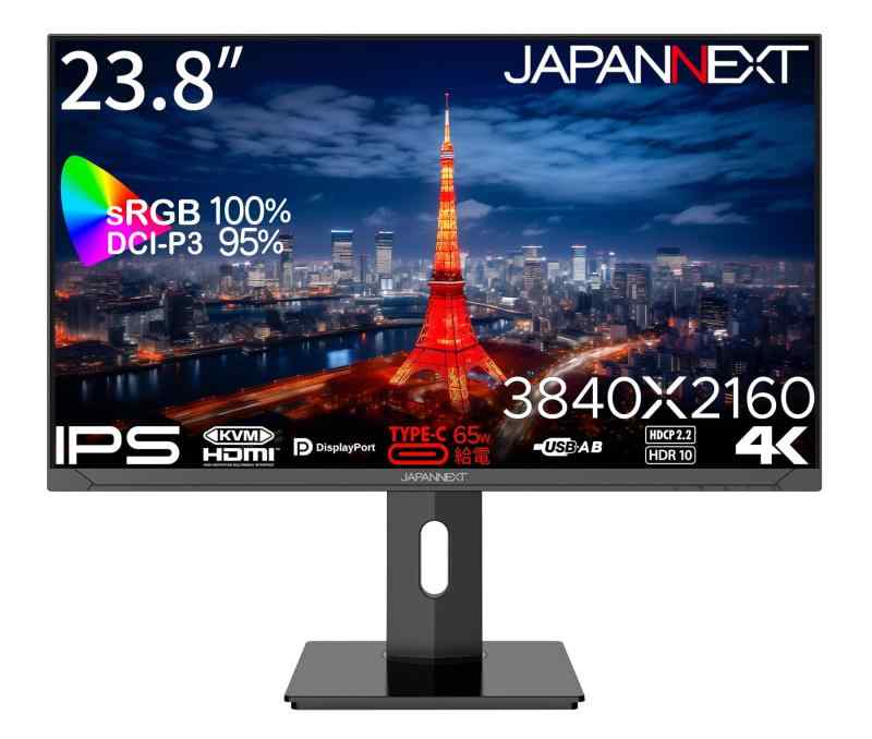 JAPANNEXT 23.8in 管する 4K UHD 3840x2160解像力 IPS 見せびらかす (KVM/HDMI/USB-C 給電 (65W) / DisplayPort/金棒引き内蔵/ブルーライトカット) JN-IPS2380UHDR-