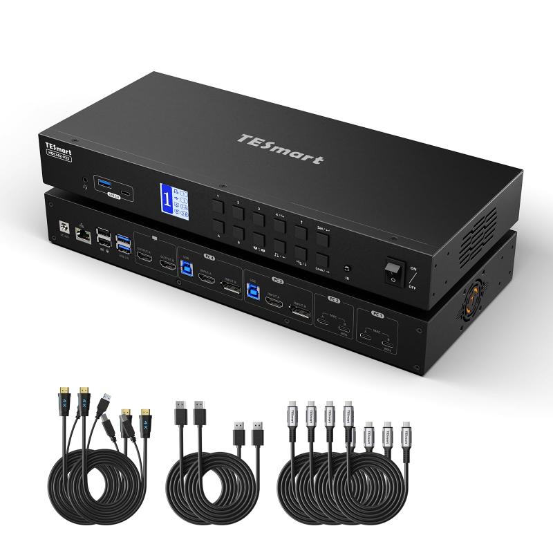 TESmart KVM取り替えっこ 4インプット (USB-C HDMI+DP) MST相応う デュアル管する KVMうつり変わり器 4K@60サイクル USB3.0