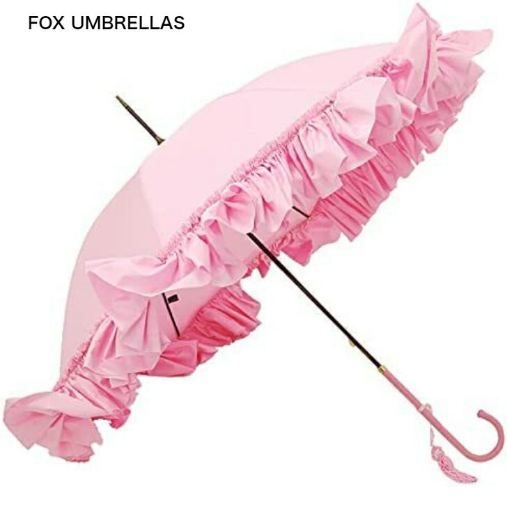 てなグッズや FOX UMBRELLAS レディース 高級長傘 WL9 SLIM LEATHER CROOK HANDLE DEEP FRILL  EDGE フォックスアンブレラズ WL9-SLLE-POLY-8RIB-FRILL-PI ピンク フリル 並行輸入品 fucoa.cl