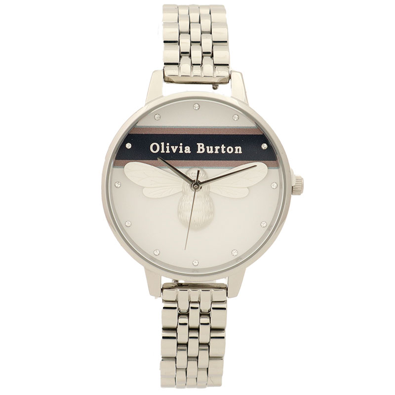 OLIVIA BURTON 腕時計 　OB16VS07 　オリビアバートン　 デミダイヤル(34mm)　ヴァースティ ラッキー ビー ピンク ＆ ネイビー ストライプ ＆ シルバー ブレスレット 　レディース　並行輸入品　プレゼント　記念日　クォーツ｜ラプラージュ　店