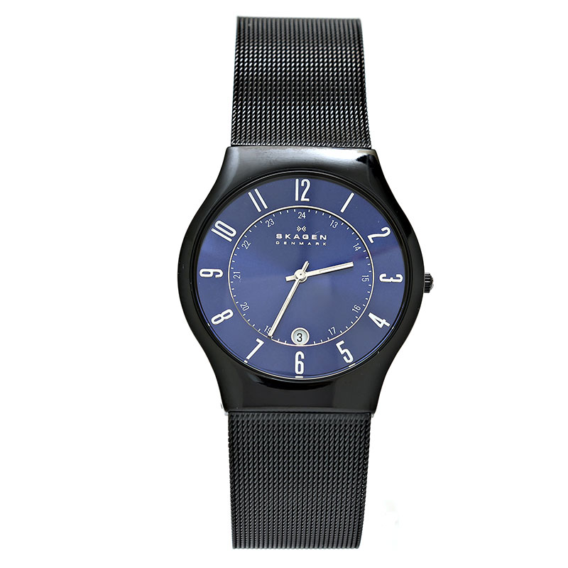スカーゲン 腕時計 メンズ ブラック ブルー クオーツ カレンダー メッシュベルト SKAGEN T233XLTMN TITANIUM 並行輸入品