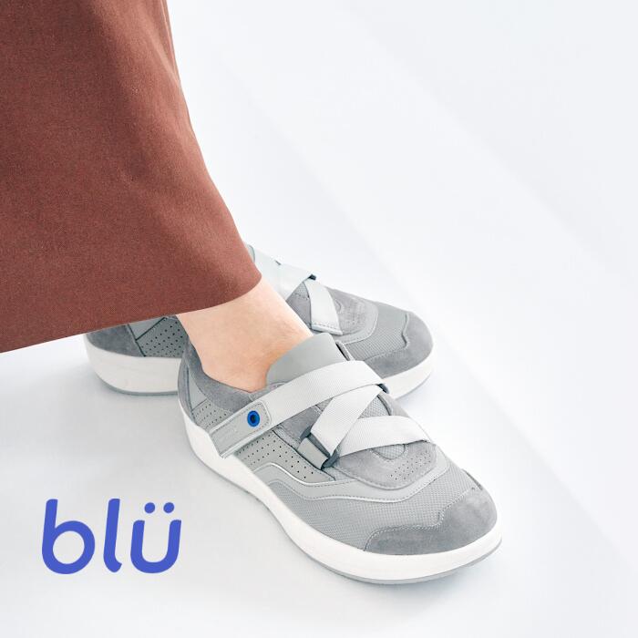 ラッキーベル blu FREESIA ブリューフリージア 【21.5cm-24.0cm】ホワイト/グレー/ブラック 白/黒/灰 メンズ レディース スニーカー メッシュ 本革 ベルト コンビ画像