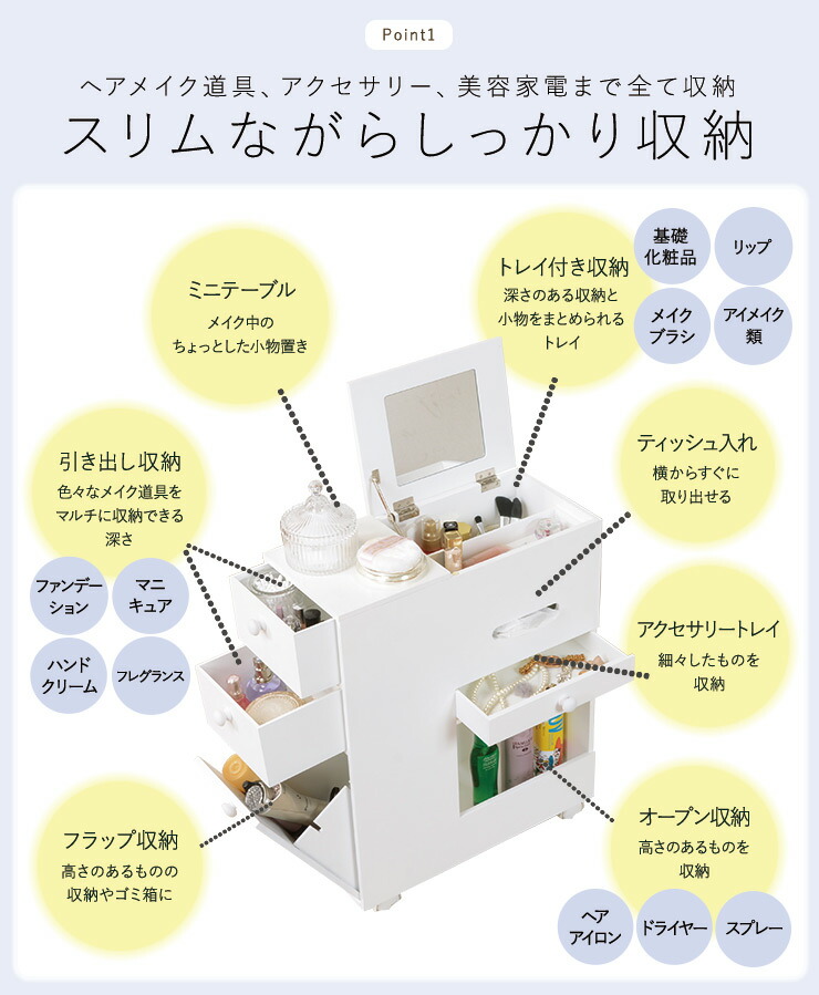 メイクアップワゴンスリムタイプキャスター付き(おしゃれ大容量かわいい可愛いドレッサー白ホワイトコンパクトコスメ収納ワゴン木製化粧品化粧台ミラー付き鏡付きミニドレッサーコスメボックスメイクボックスメイクワゴン完成品)