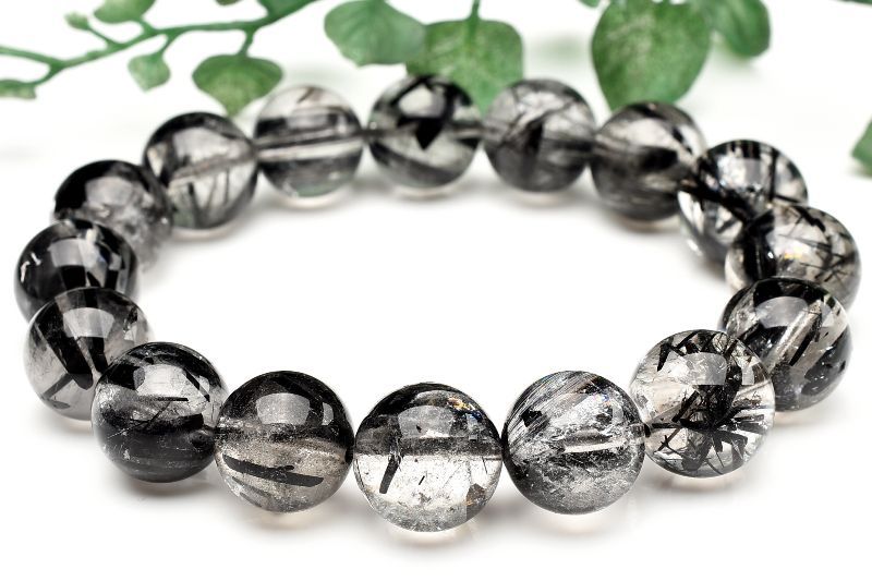 【１点物】太針入り◇クリア ブラックトルマリンインクォーツ　13mm ブレスレット アクセサリー _U9955