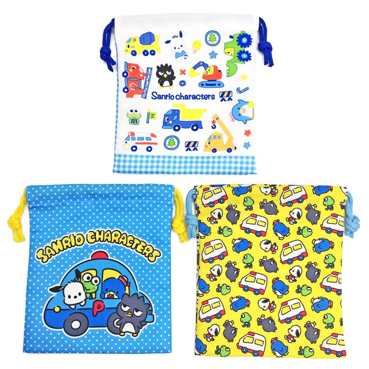 サンリオキャラクターズ 04051-02 巾着3Pセット 852951 きんちゃく 小物入れ コップ袋 SANRIO ポチャッコ タキシードサム けろけろけろっぴ画像