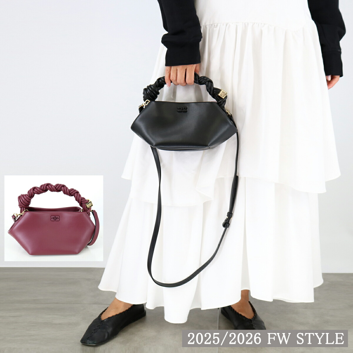 ■GANNI ガニー ハンドバッグ BOU BAG MINI A6946 A6947 Black Burgundy ブーバッグミニ ショルダーバッグ リサイクルレザー バタフライロゴ レディース 2way ブランド