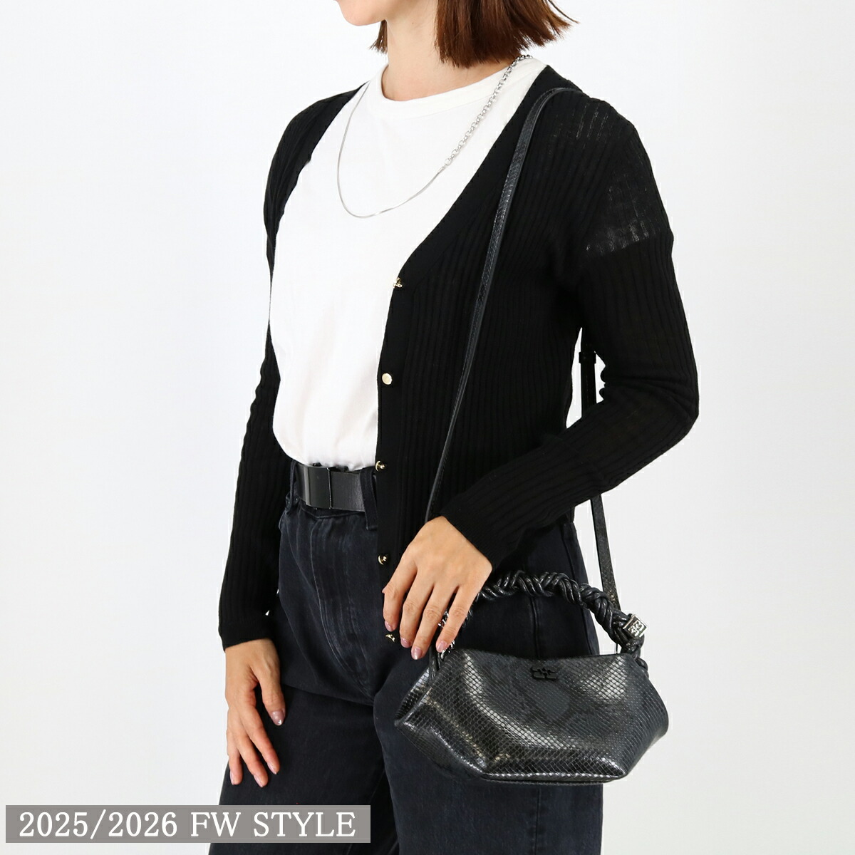 ■GANNI ガニー ハンドバッグ BOU BAG MINI SNAKE A7071 Black Oyster/150 ブーバッグミニ ショルダーバッグ リサイクルレザー バタフライロゴ レディース 2way スネーク ブランド